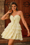 Cute Light Yellow Strapless Tiered A Line Homecoming Dress with Bow