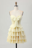 Cute Light Yellow Strapless Tiered A Line Homecoming Dress with Bow