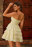 Cute Light Yellow Strapless Tiered A Line Homecoming Dress with Bow