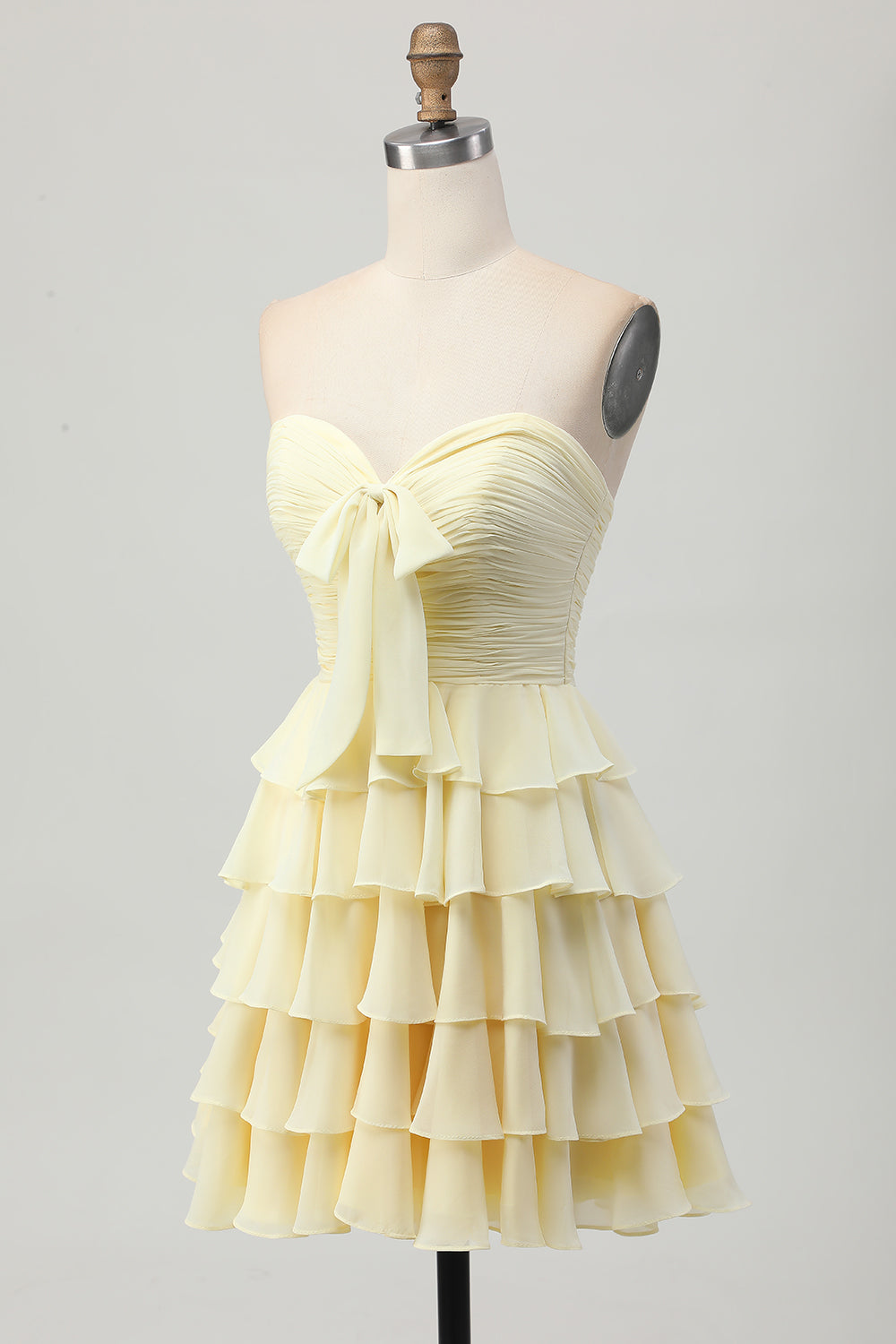 Yellow Sweetheart A Line Tiered Short Cocktail Dress with Bow