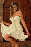 Cute Light Yellow Strapless Tiered A Line Homecoming Dress with Bow