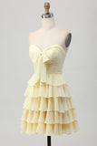 Yellow Sweetheart A Line Tiered Short Cocktail Dress with Bow