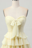 Yellow Sweetheart A Line Tiered Short Cocktail Dress with Bow