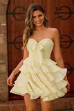 Cute Light Yellow Strapless Tiered A Line Homecoming Dress with Bow