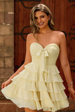 Cute Light Yellow Strapless Tiered A Line Homecoming Dress with Bow