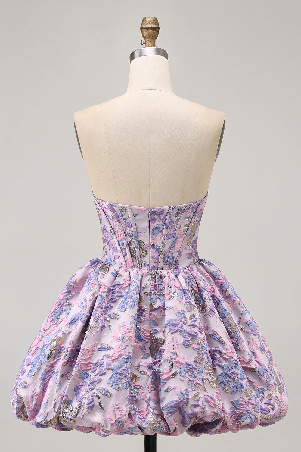 Purple Strapless Brocade A-Line Corset Mini Homecoming Dress with Bubble-Hem
