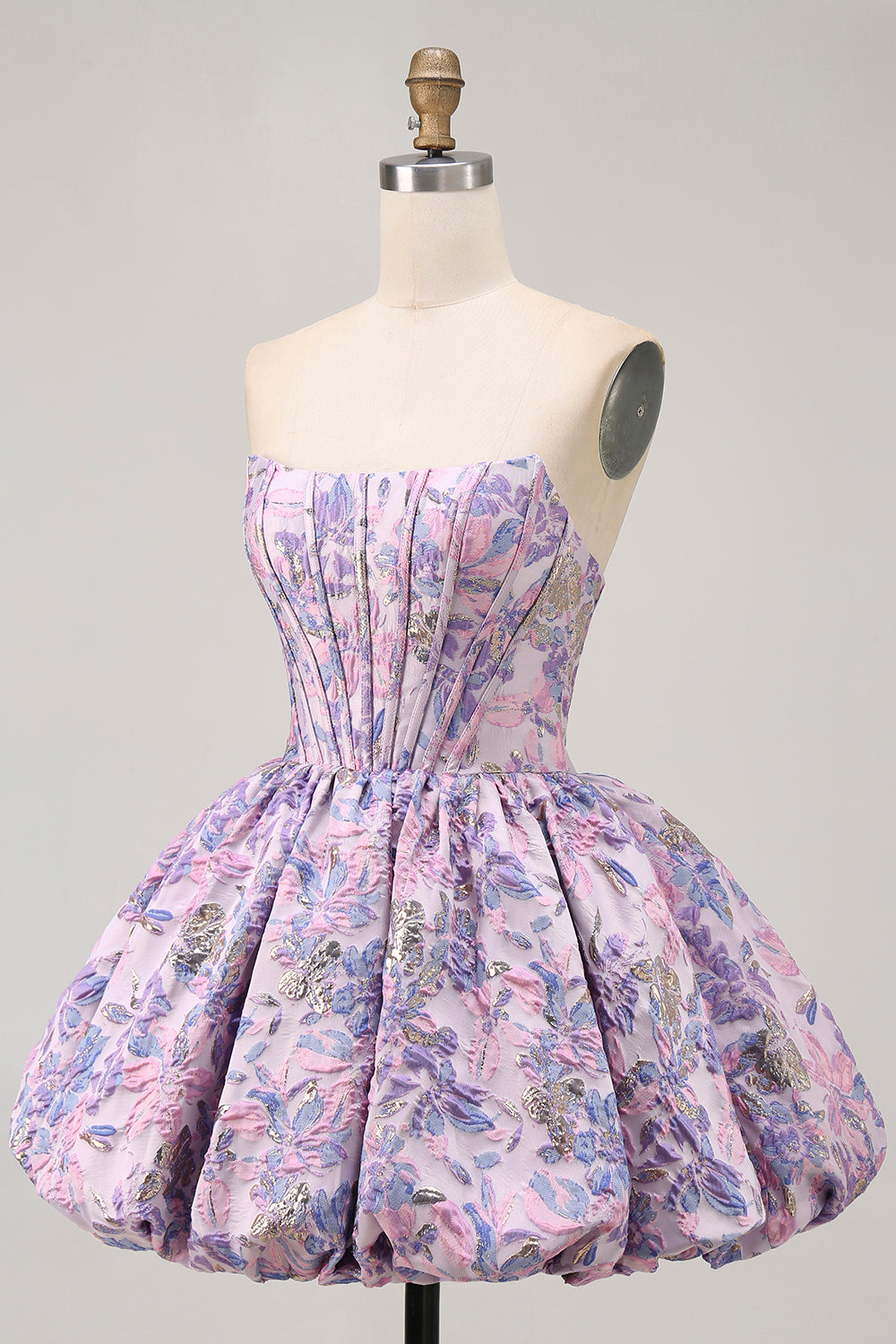 Purple Strapless Brocade A-Line Corset Mini Homecoming Dress with Bubble-Hem