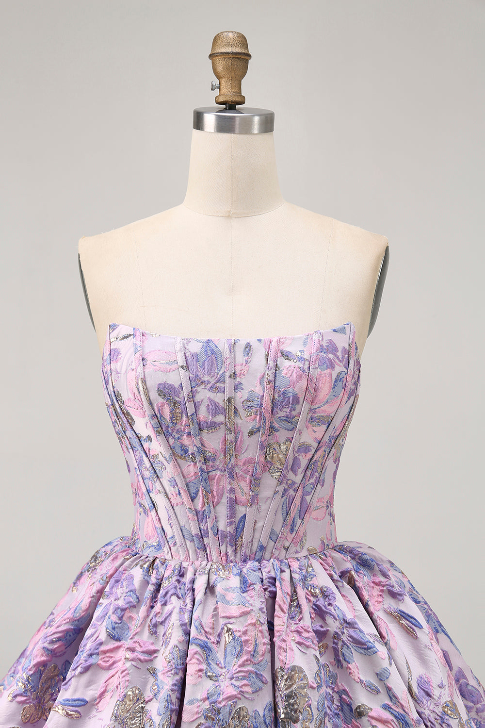 Purple Strapless Brocade A-Line Corset Mini Homecoming Dress with Bubble-Hem