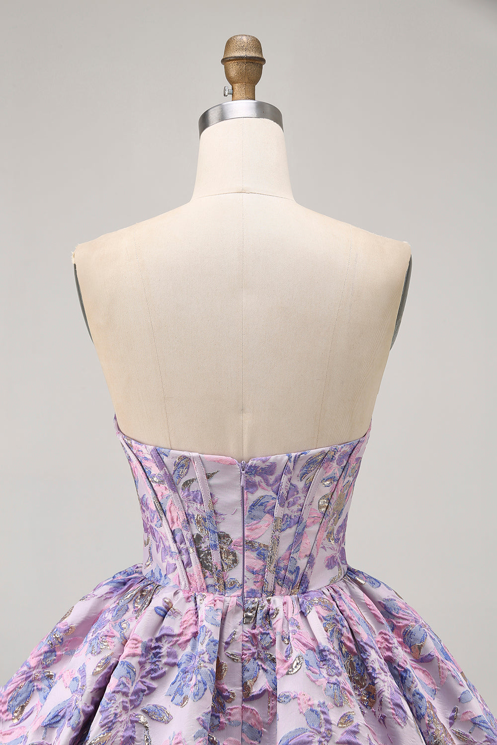 Purple Strapless Brocade A-Line Corset Mini Homecoming Dress with Bubble-Hem
