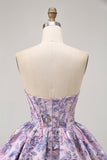 Purple Strapless Brocade A-Line Corset Mini Homecoming Dress with Bubble-Hem
