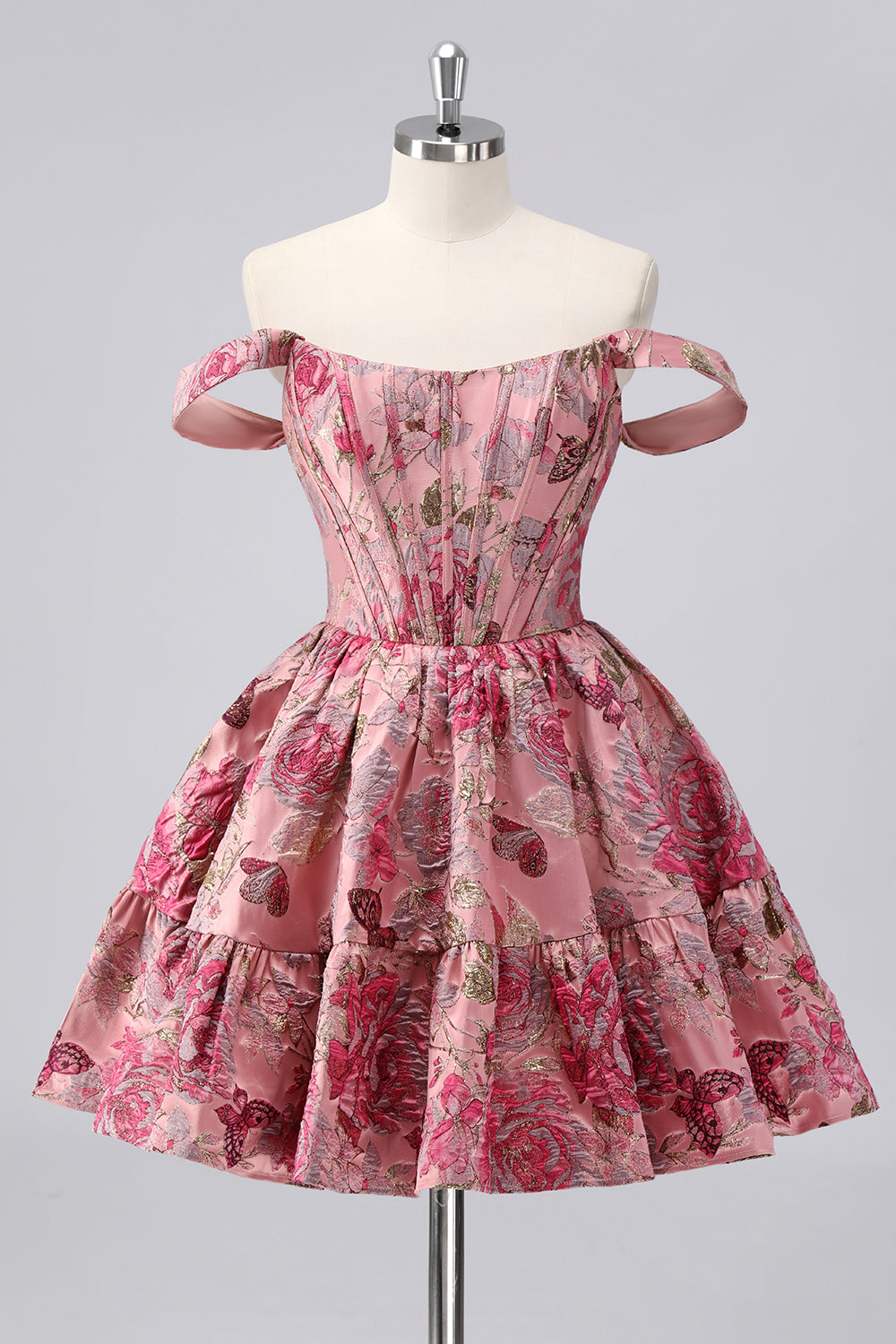 Dark Green Brocade Floral A Line Off The Shoulder Printed Cocktail Dress