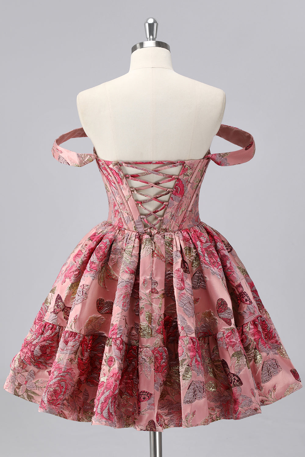 Dark Green Brocade Floral A Line Off The Shoulder Printed Cocktail Dress