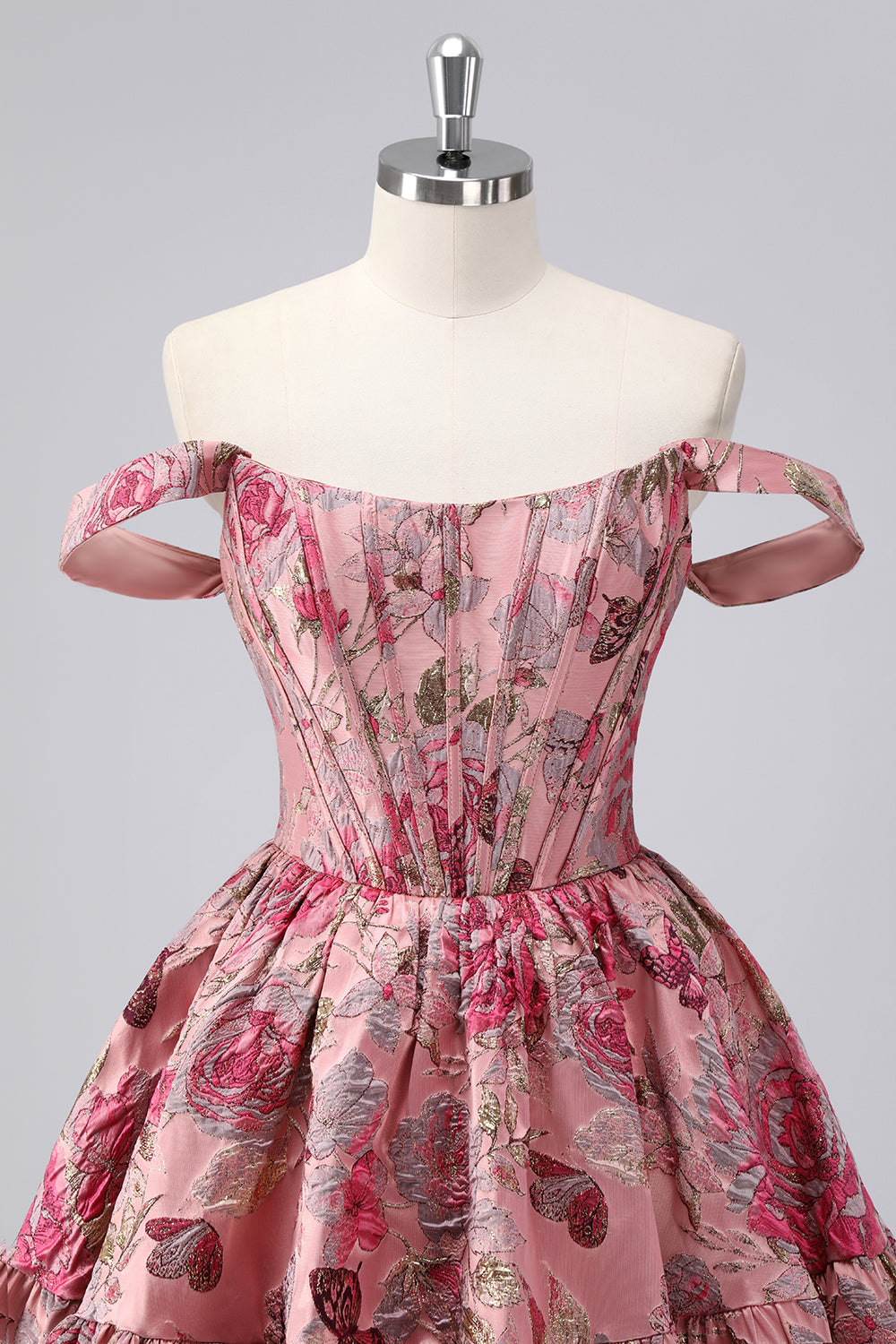 Dark Green Brocade Floral A Line Off The Shoulder Printed Cocktail Dress