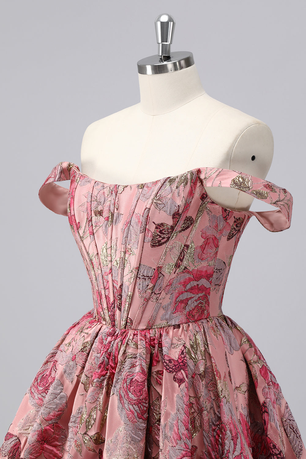 Dark Green Brocade Floral A Line Off The Shoulder Printed Cocktail Dress