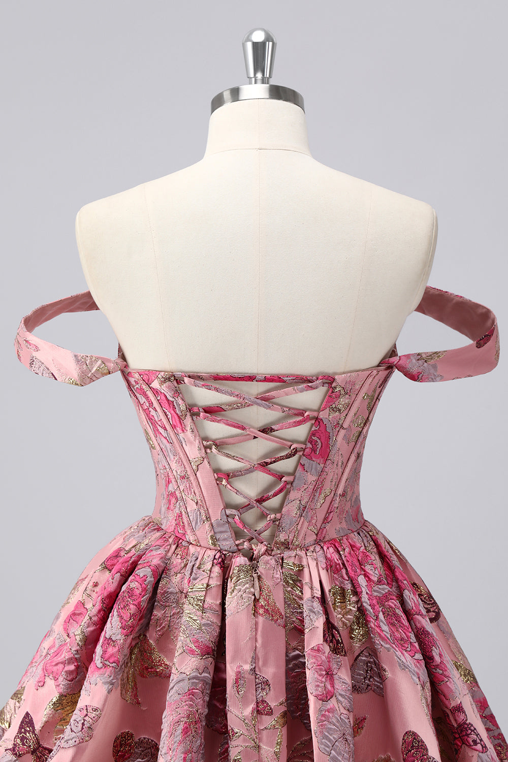 Dark Green Brocade Floral A Line Off The Shoulder Printed Cocktail Dress