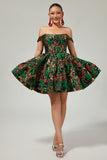 Dark Green Brocade Floral A Line Off The Shoulder Printed Cocktail Dress
