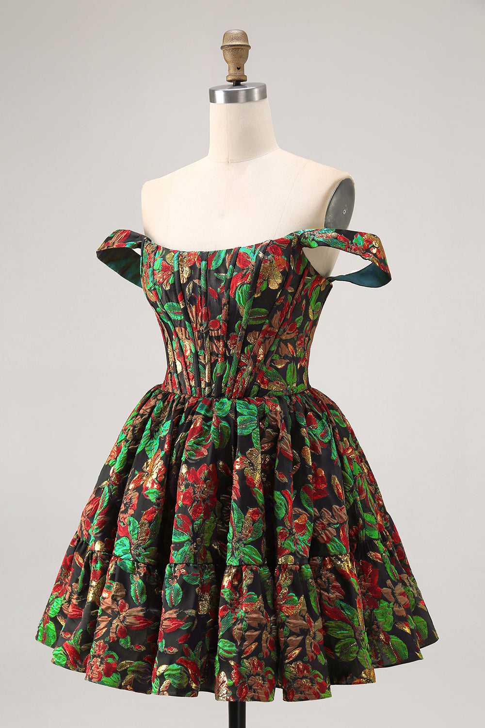 Dark Green Brocade Floral A Line Off The Shoulder Printed Cocktail Dress
