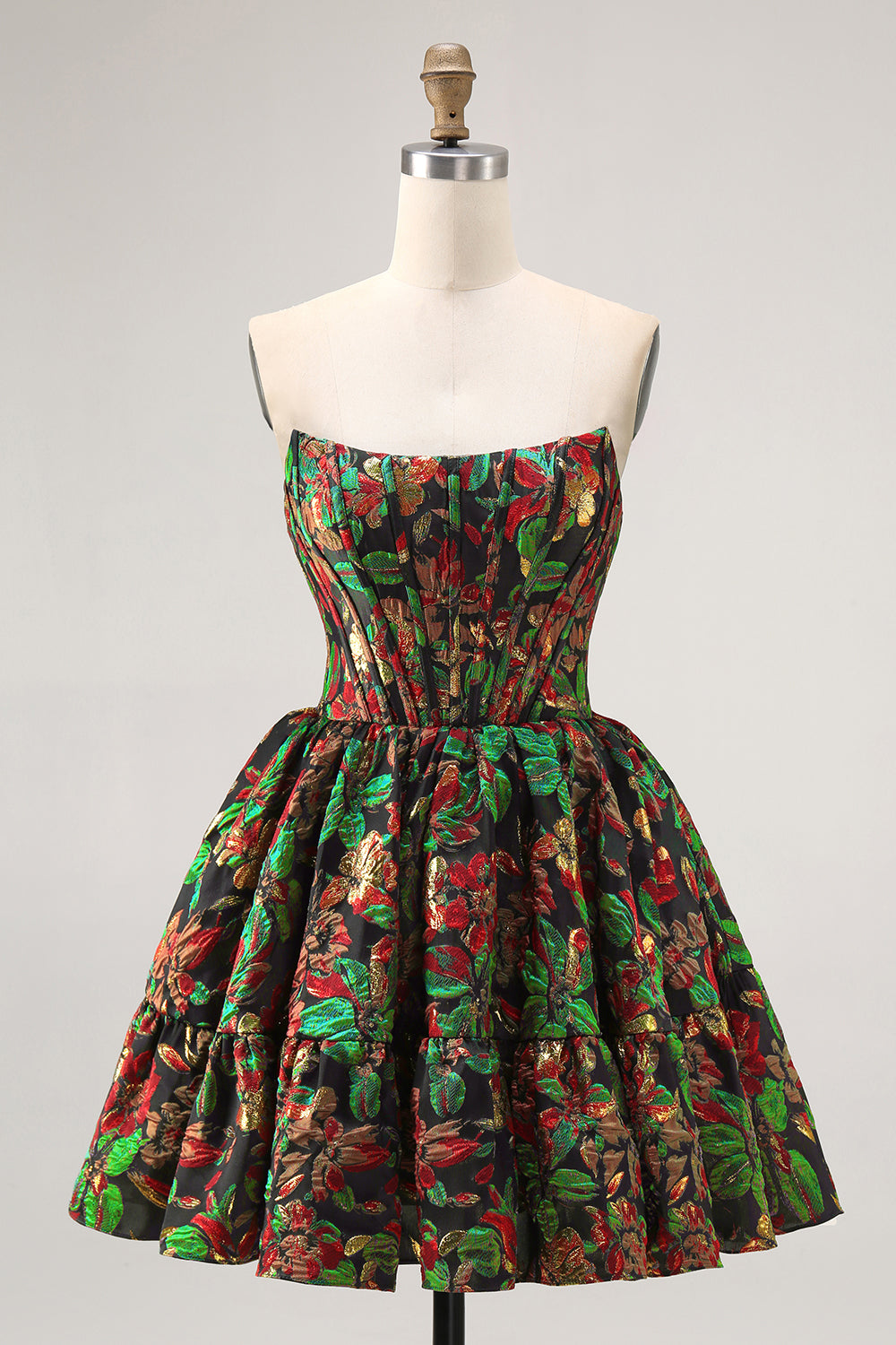 Dark Green Brocade Floral A Line Off The Shoulder Printed Cocktail Dress