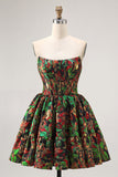 Dark Green Brocade Floral A Line Off The Shoulder Printed Cocktail Dress
