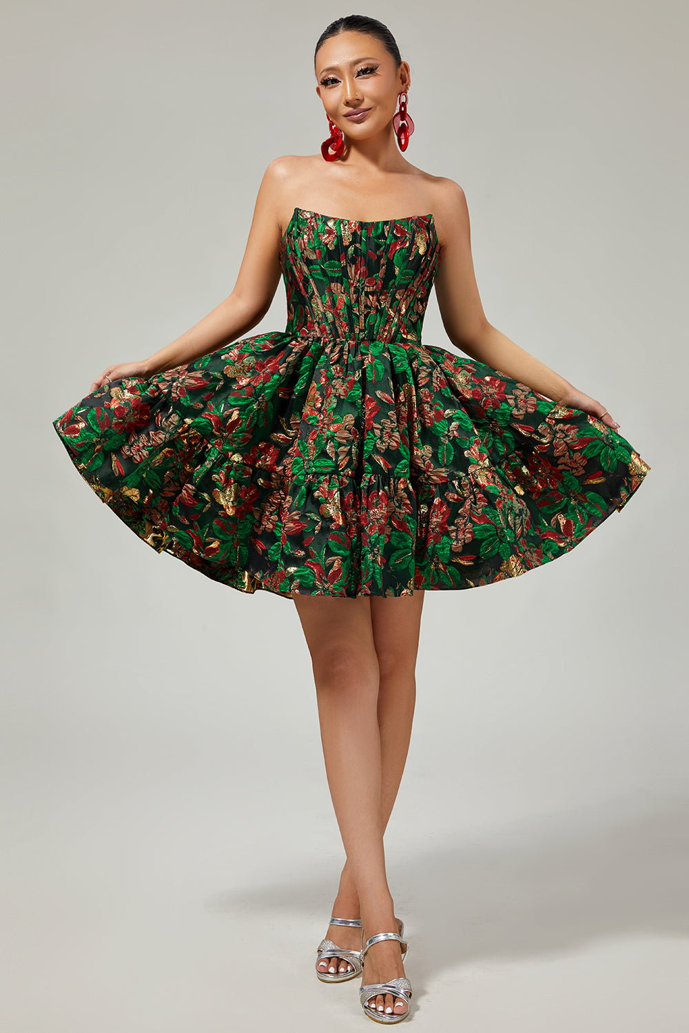 Dark Green Brocade Floral A Line Off The Shoulder Printed Cocktail Dress