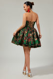 Dark Green Brocade Floral A Line Off The Shoulder Printed Cocktail Dress
