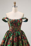 Dark Green Brocade Floral A Line Off The Shoulder Printed Cocktail Dress