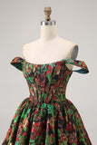 Dark Green Brocade Floral A Line Off The Shoulder Printed Cocktail Dress