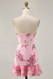 Pink Floral Bodycon Strapless Printed Short Homecoming Dress with Ruffles