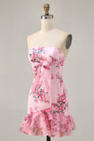 Pink Floral Bodycon Strapless Printed Short Homecoming Dress with Ruffles