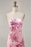 Pink Floral Bodycon Strapless Printed Short Homecoming Dress with Ruffles