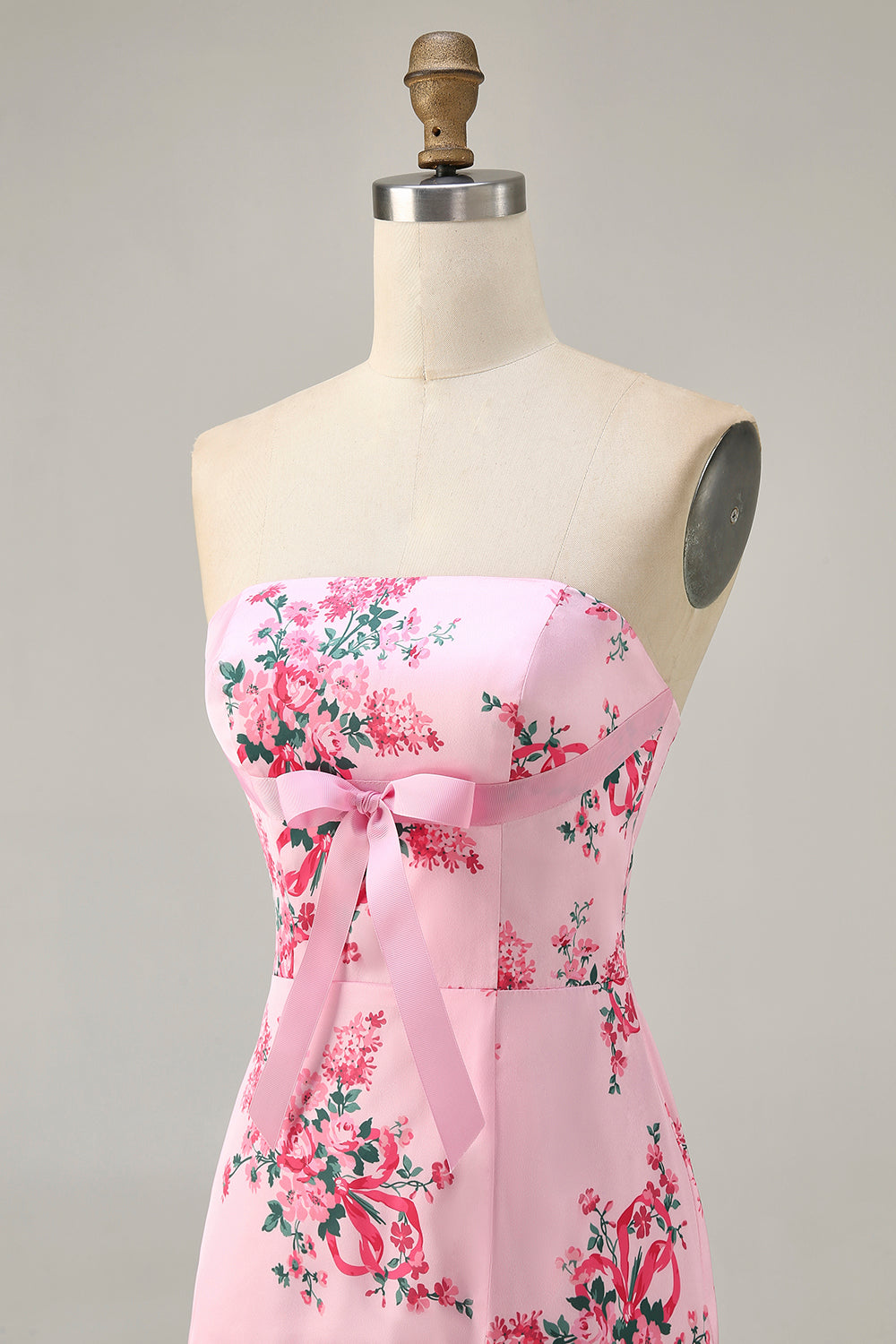 Pink Floral Bodycon Strapless Printed Short Homecoming Dress with Ruffles