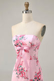 Pink Floral Bodycon Strapless Printed Short Homecoming Dress with Ruffles
