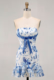 White Blue Flower Bodycon Strapless Printed Short Homecoming Dress