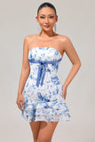 White Blue Flower Bodycon Strapless Printed Short Homecoming Dress