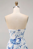 White Blue Flower Bodycon Strapless Printed Short Homecoming Dress