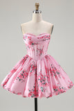 Pink Flower A-Line Strapless Printed Homecoming Dress with Beading