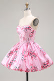 Pink Flower A-Line Strapless Printed Homecoming Dress with Beading