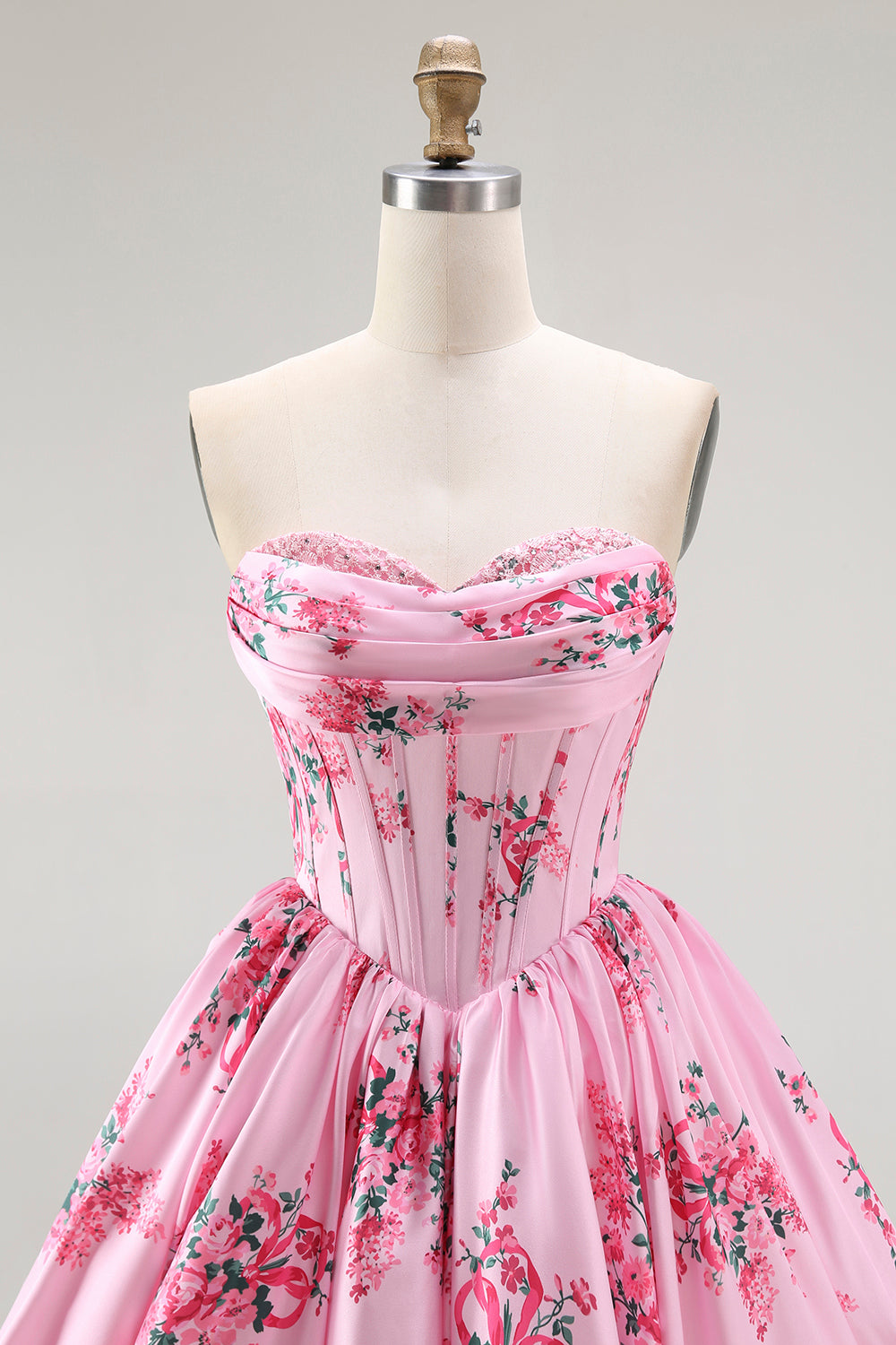Pink Flower A-Line Strapless Printed Homecoming Dress with Beading