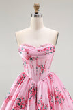 Pink Flower A-Line Strapless Printed Homecoming Dress with Beading