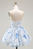 Strapless White Blue Flower A-Line Printed Homecoming Dress with Beading