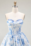 Strapless White Blue Flower A-Line Printed Homecoming Dress with Beading