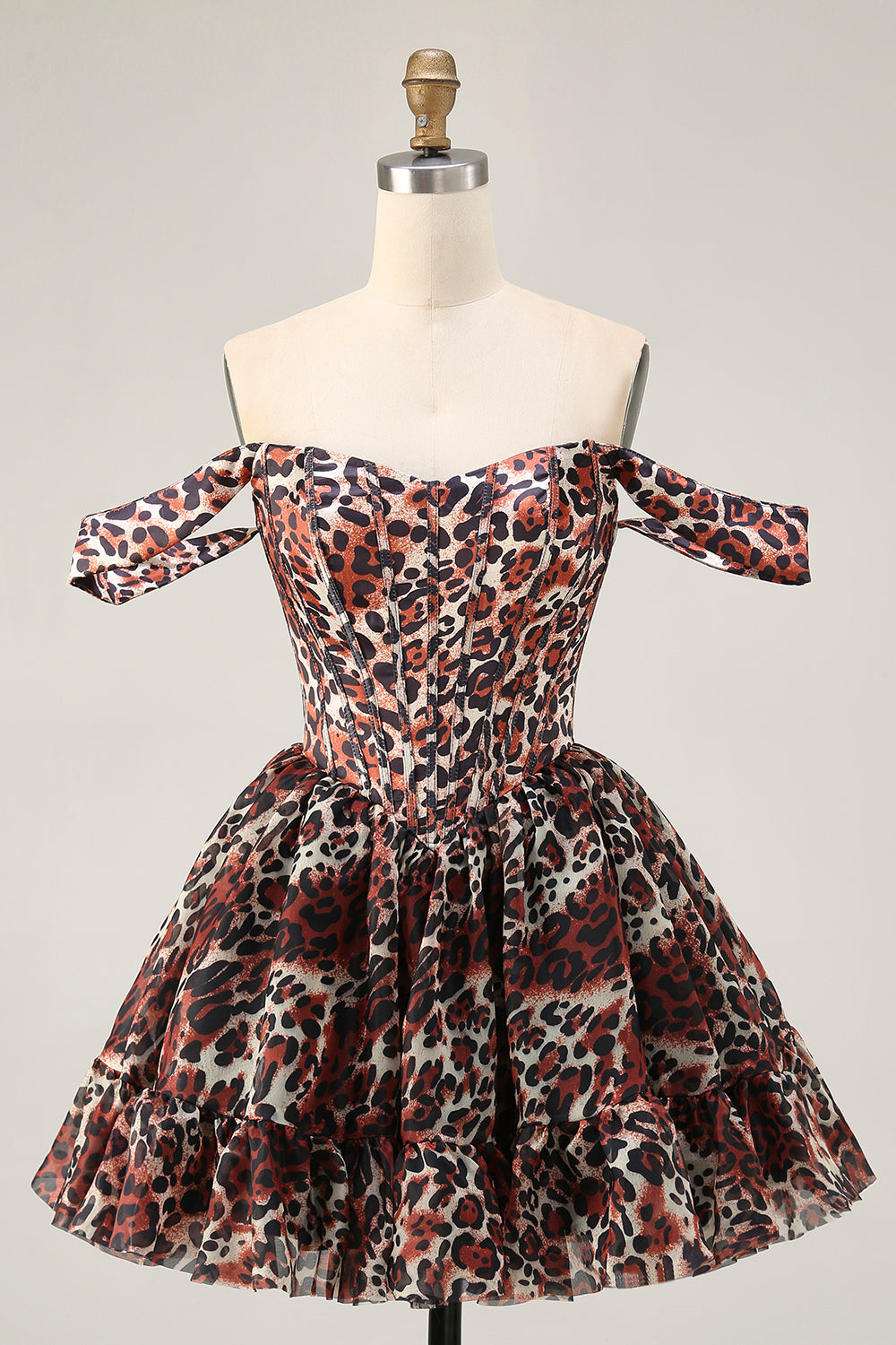 Khaki Leopard Off the Shoulder Corset A Line Mini Homecoming Dress