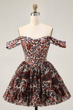 Khaki Leopard Off the Shoulder Corset A Line Mini Homecoming Dress