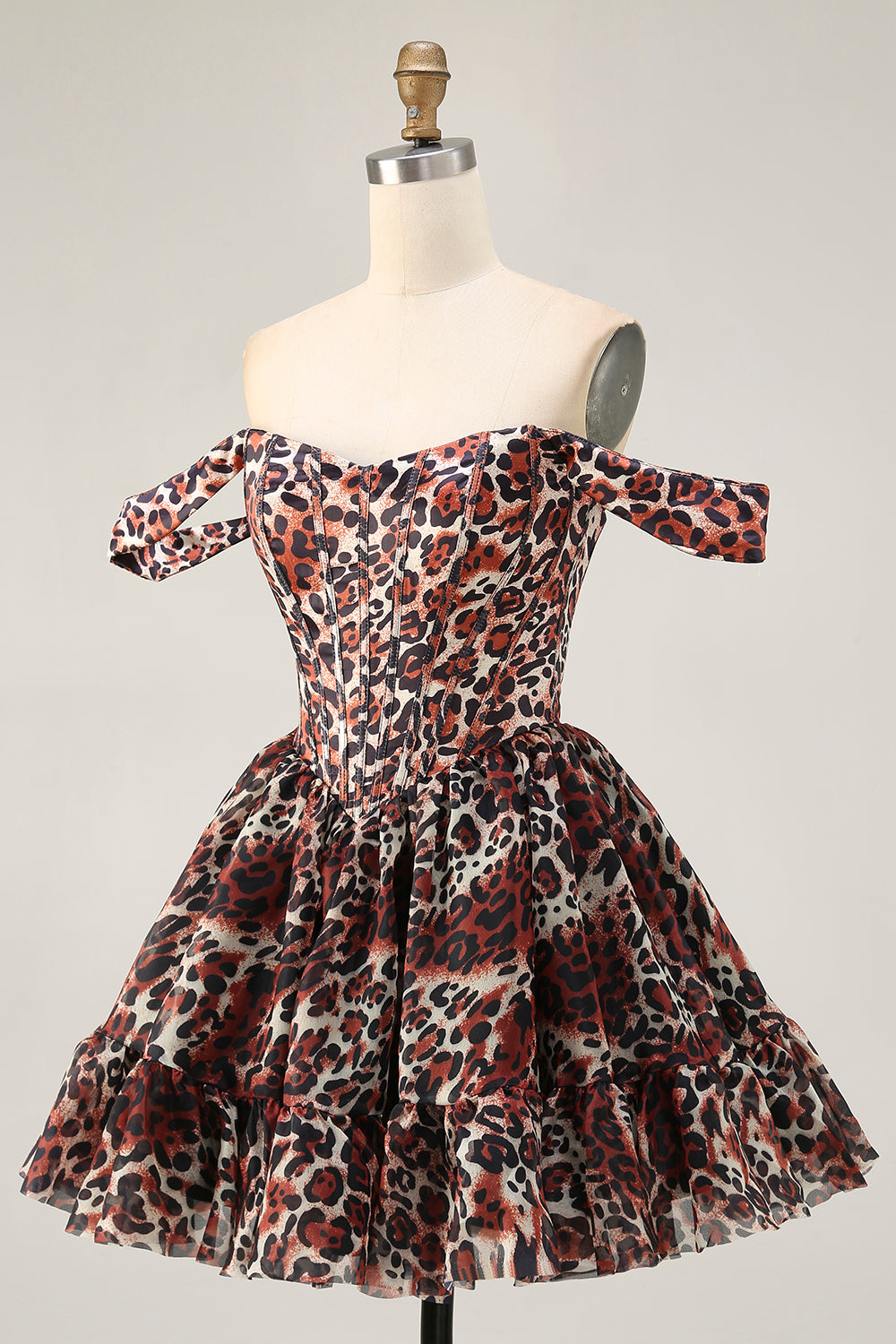 Khaki Leopard Off the Shoulder Corset A Line Mini Homecoming Dress