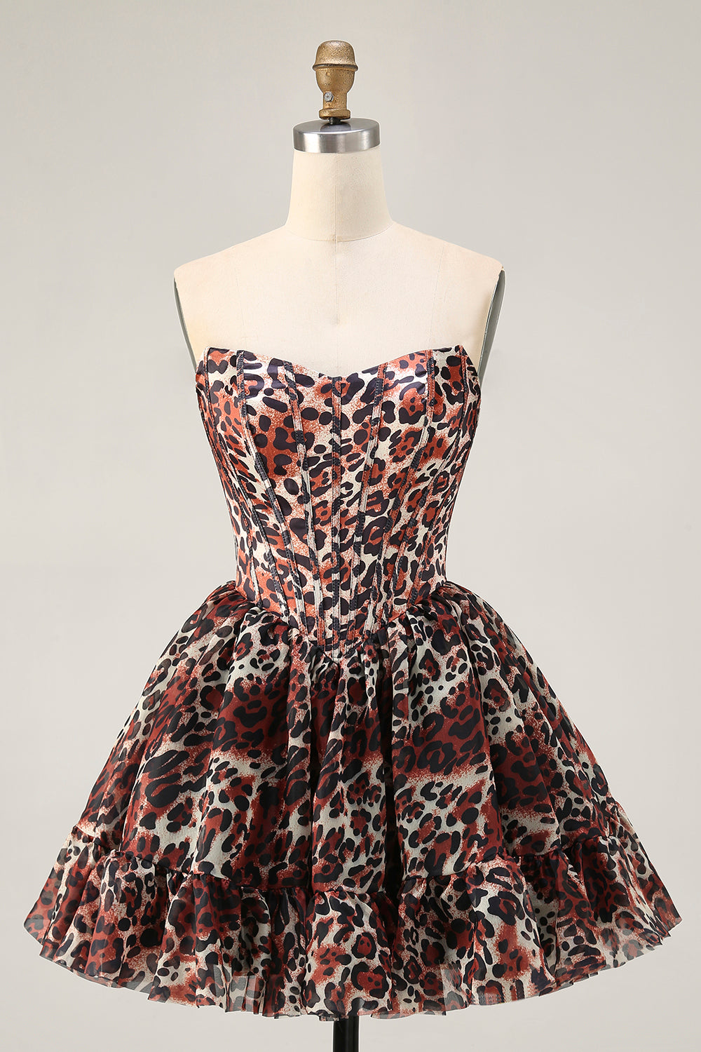 Khaki Leopard Off the Shoulder Corset A Line Mini Homecoming Dress