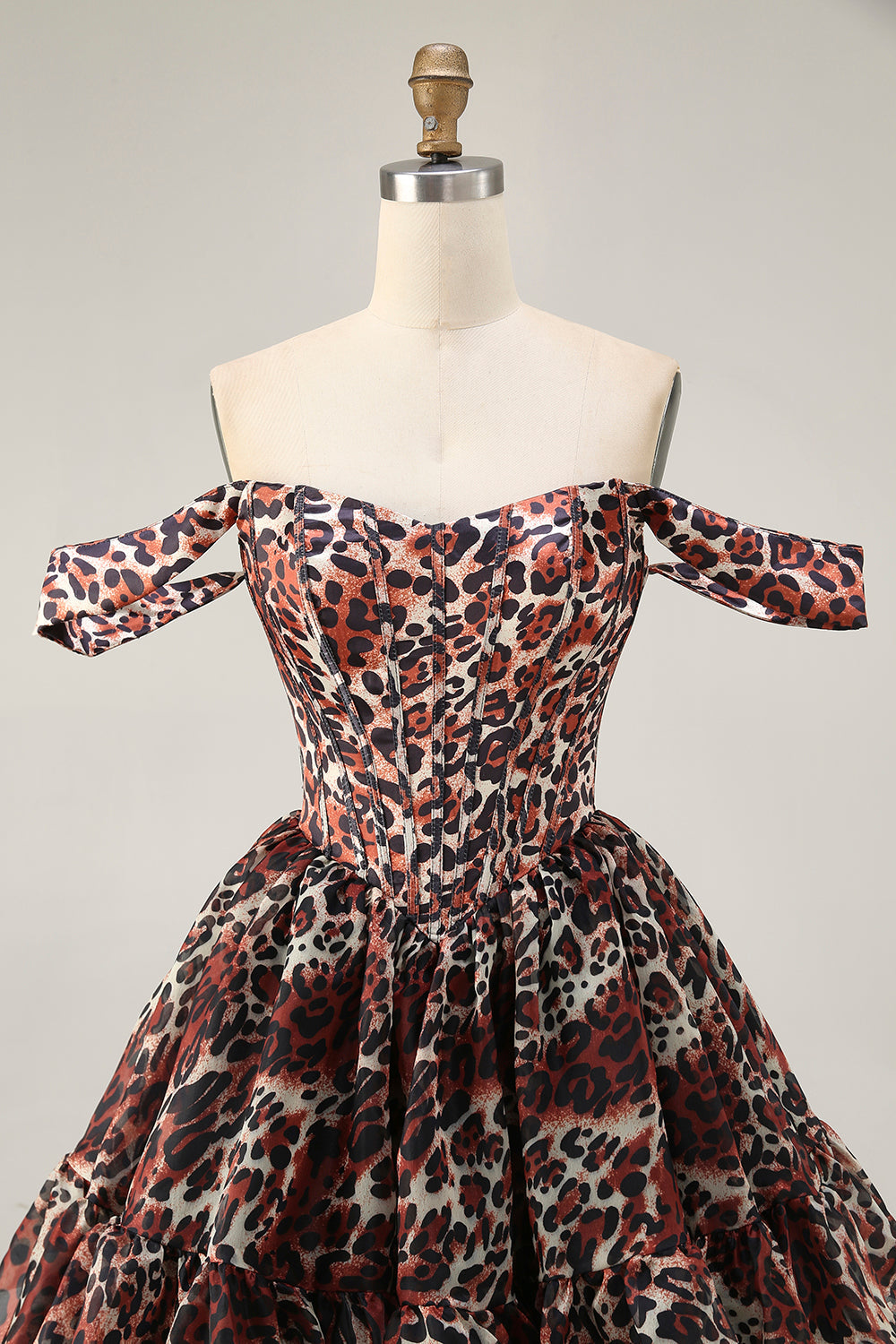 Khaki Leopard Off the Shoulder Corset A Line Mini Homecoming Dress