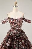 Khaki Leopard Off the Shoulder Corset A Line Mini Homecoming Dress