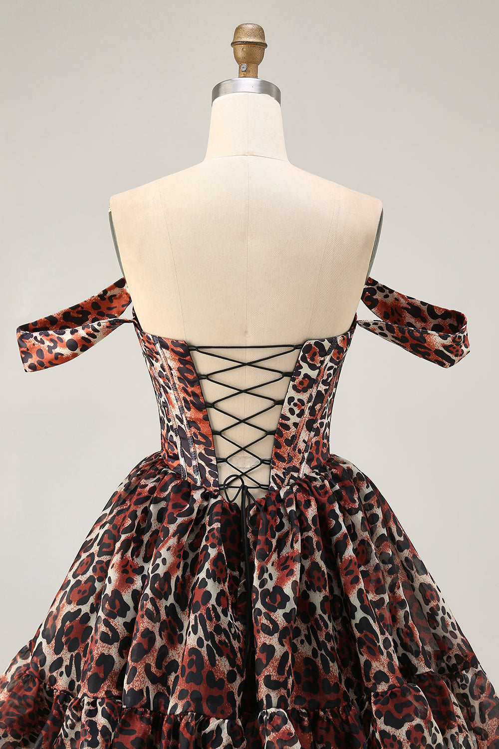 Khaki Leopard Off the Shoulder Corset A Line Mini Homecoming Dress