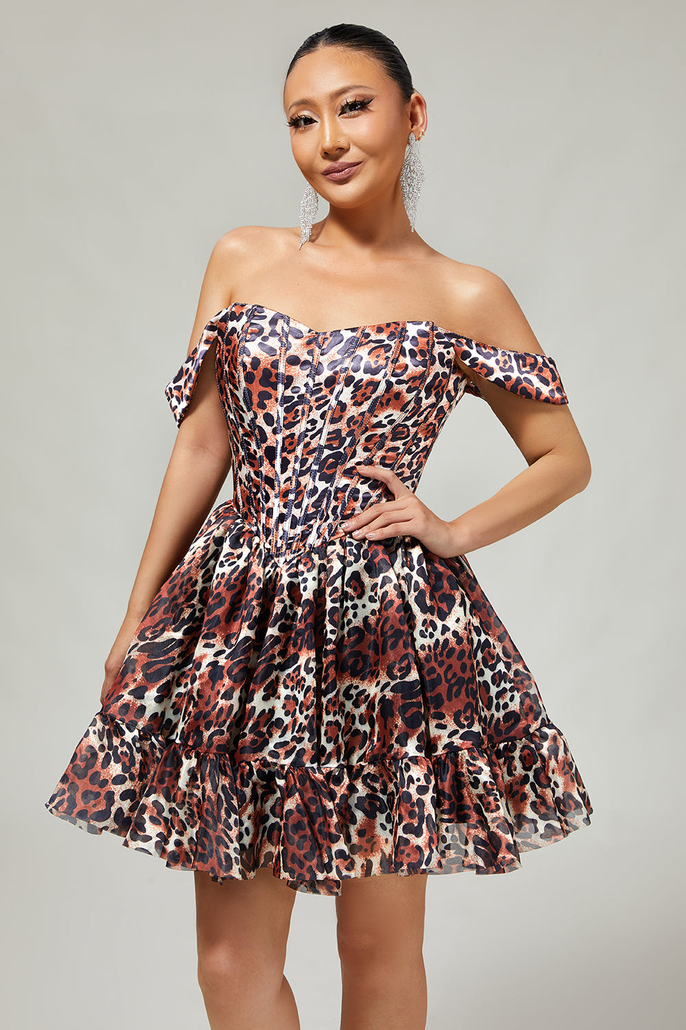 Khaki Leopard Off the Shoulder Corset A Line Mini Homecoming Dress