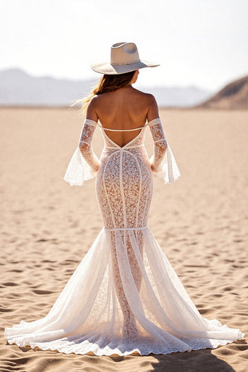 White Mermaid Flare Sleeves Lace Sweep Train Boho Wedding Dress